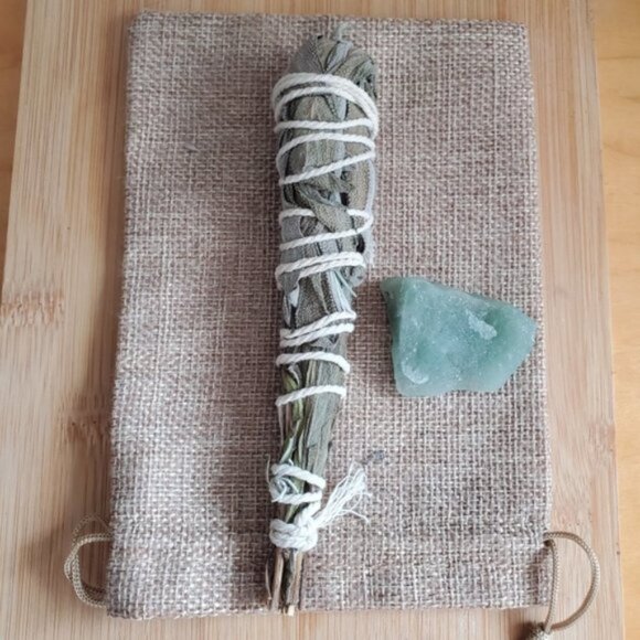 100٪ Organic White Sage + Raw Brazilian Green Quartz Mineral Stonw - Picture 4 of 5